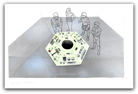 A work in progress shot of a scene set inside the TARDIS. Character art by Martin Geraghty and background art by Colin Howard.